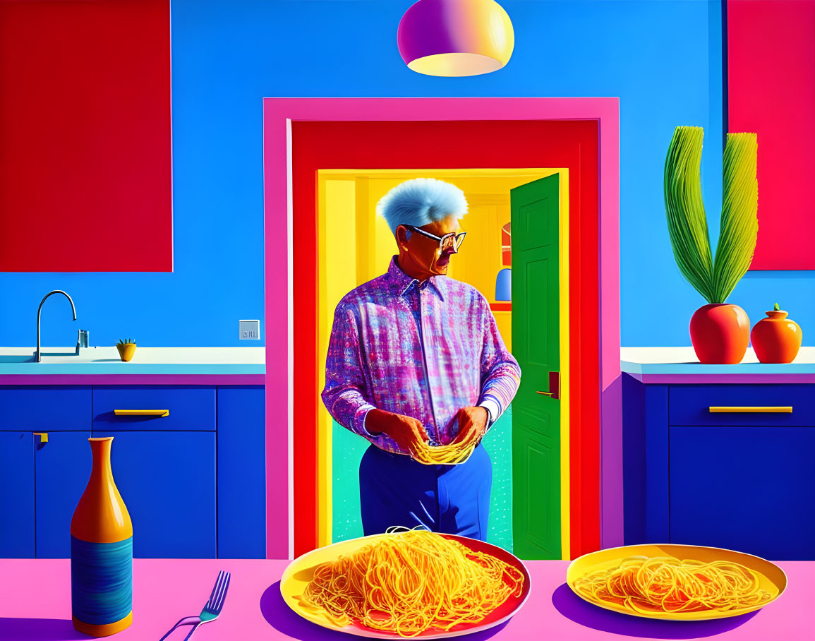 Colorful Room with Man Holding Spaghetti Plate