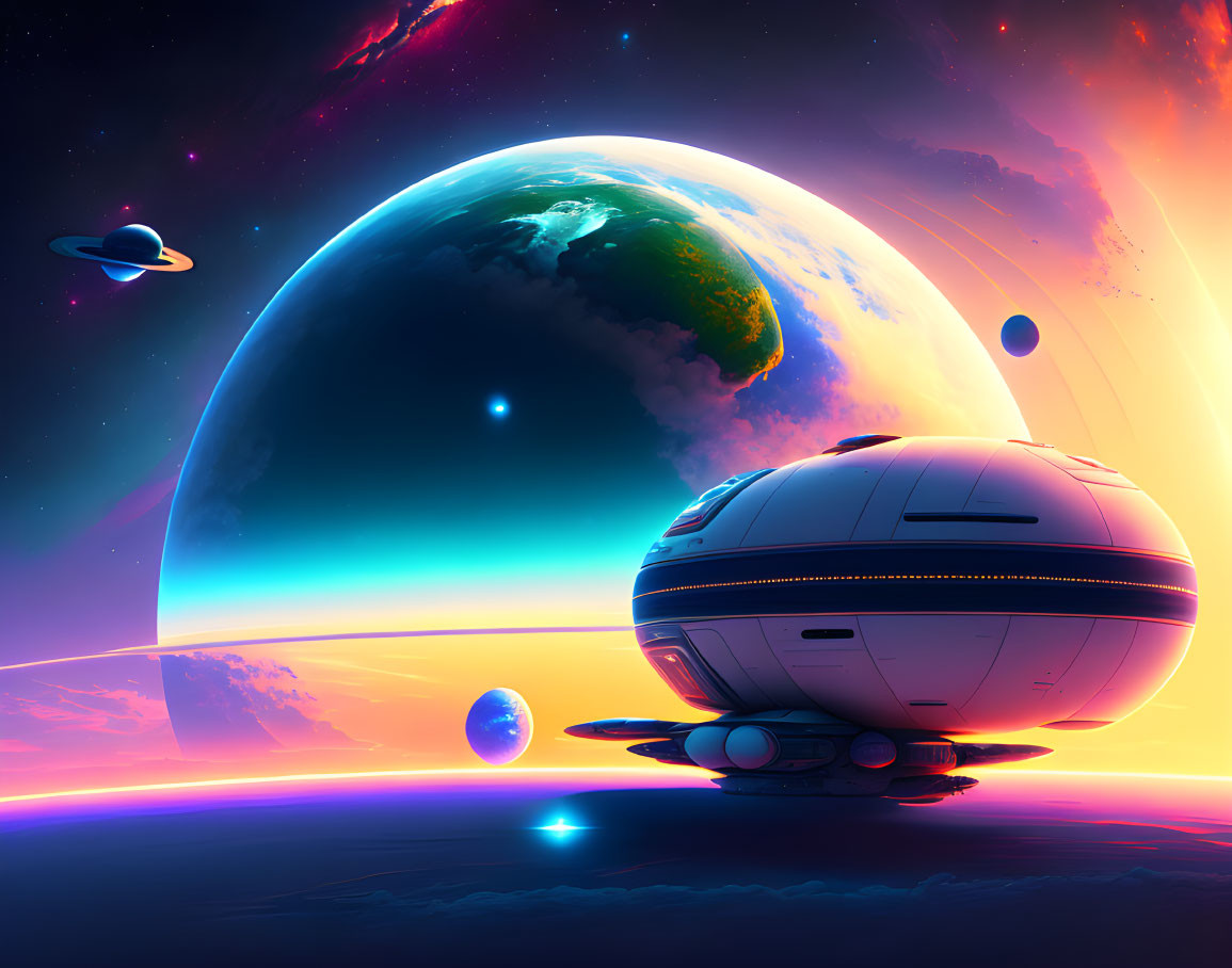 Futuristic spaceship in vibrant space scene