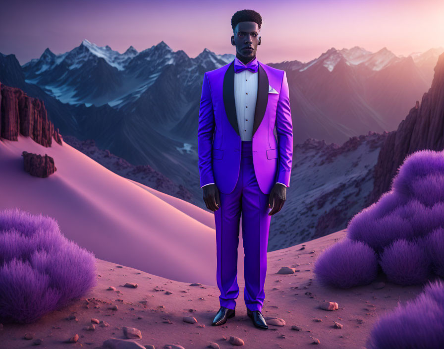 Man in Purple Suit Stands in Surreal Desert Landscape