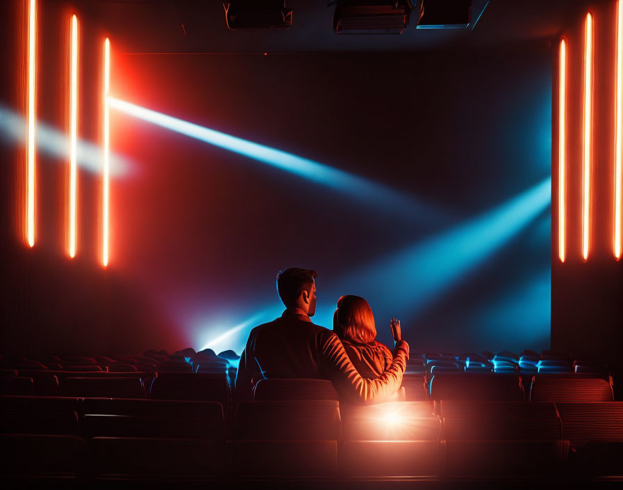 Two individuals in cinema under dramatic red and blue lights