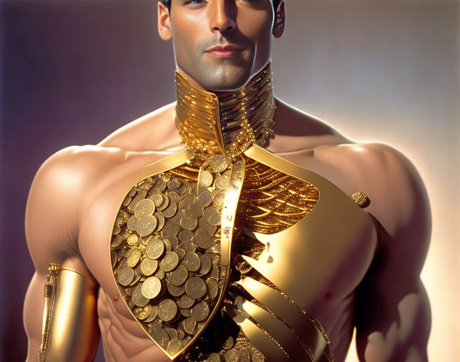 Muscular man in ornate gold armor with circular patterns