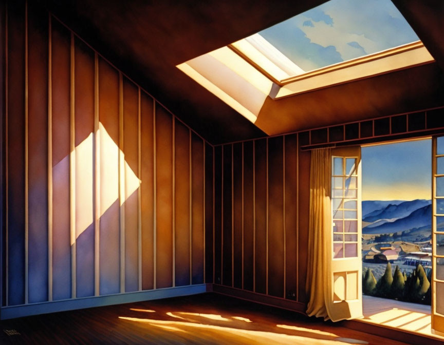 Sunlit empty room at dusk with skylight and open window showcasing distant mountains.