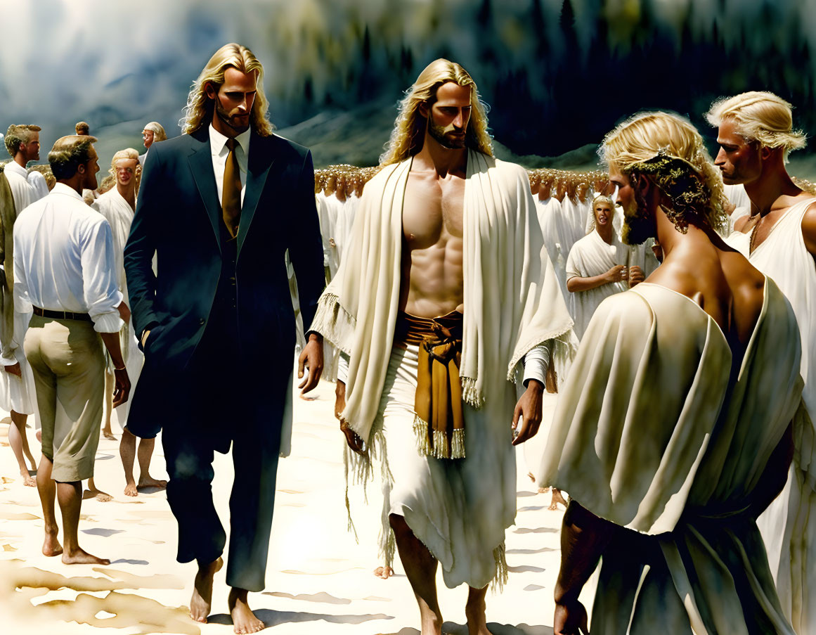 Man in modern suit among crowd in ancient robes on sandy terrain