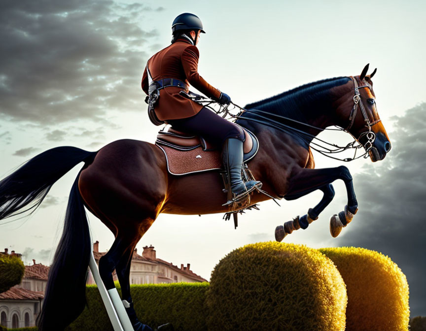 Brown horse rider jumps hedge in equestrian show with cloudy sky