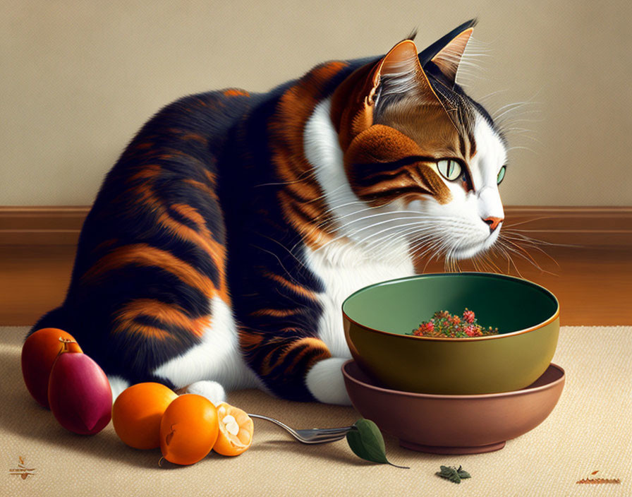 Realistic calico cat illustration with fruit bowl on textured surface