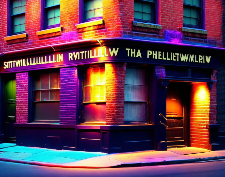 Colorful Neon-Lit Brick Building Facade at Twilight