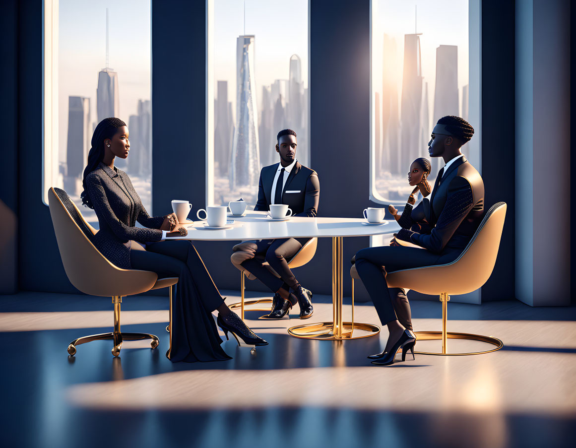 Four professionals in high-rise office meeting at golden hour