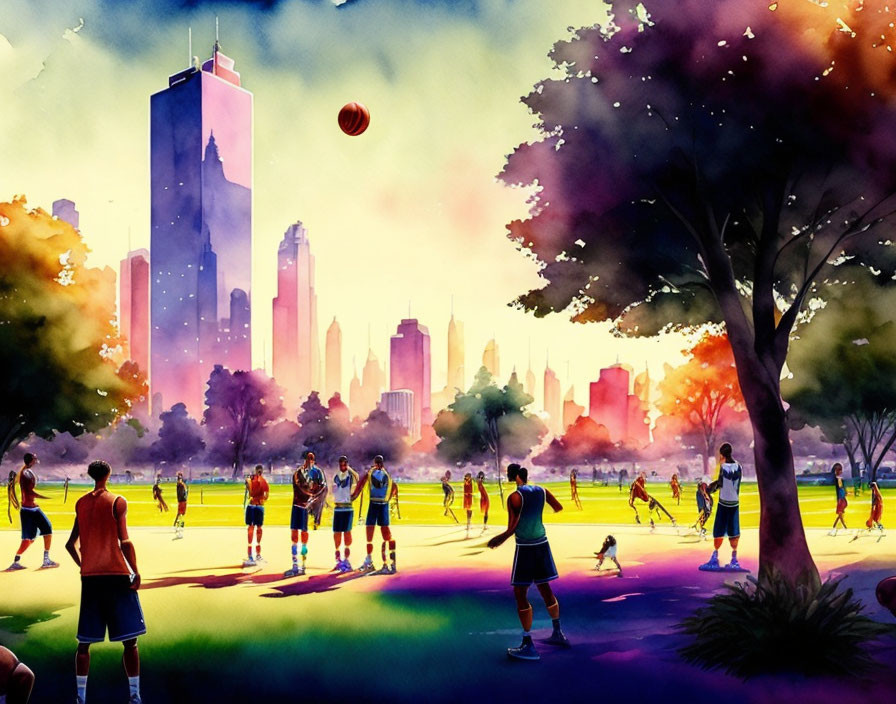 Soccer players in park with city skyline at sunset