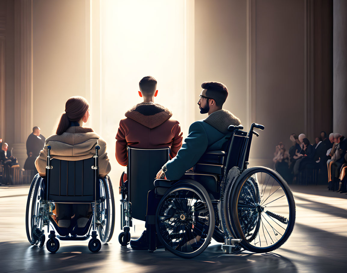 Three people in wheelchairs under bright light in grand hall with audience.