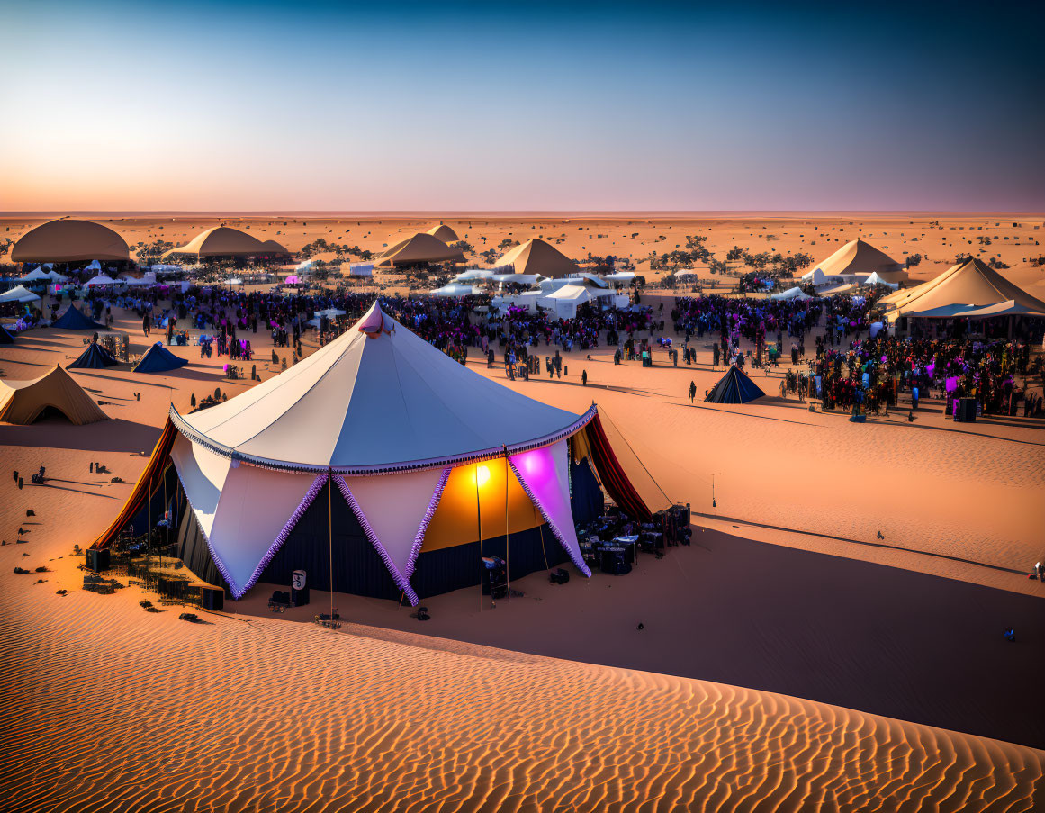 Colorful desert event with central tent and canopies, people under purple dusk sky