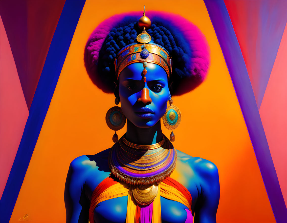 Colorful digital artwork: Woman with blue skin, golden jewelry, and vibrant attire on geometric background.