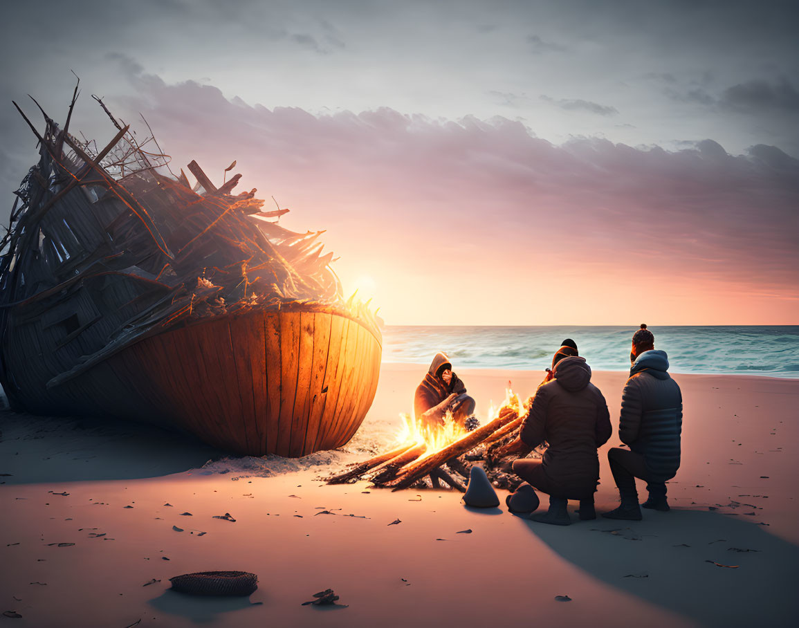 Three people near bonfire by shipwreck on beach at sunset