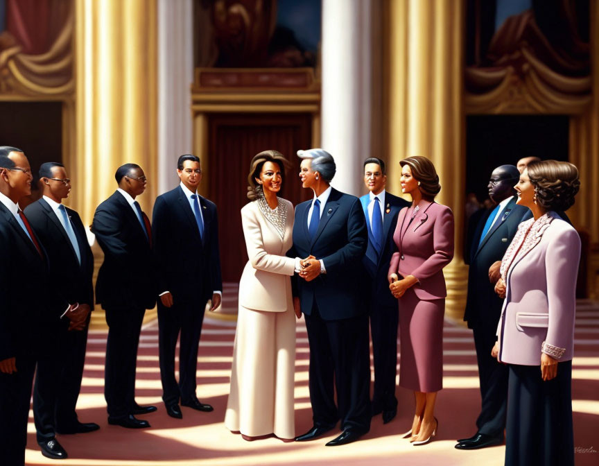 Elegantly dressed group in formal gathering at opulent hall