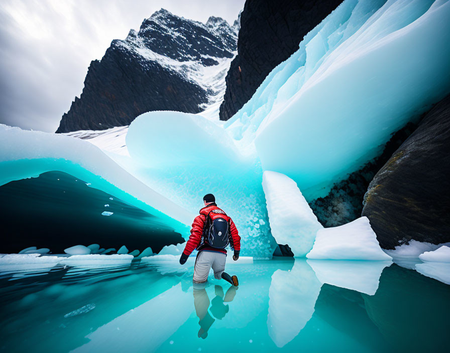 Adventurer in red jacket explores stunning blue ice cave near mountain