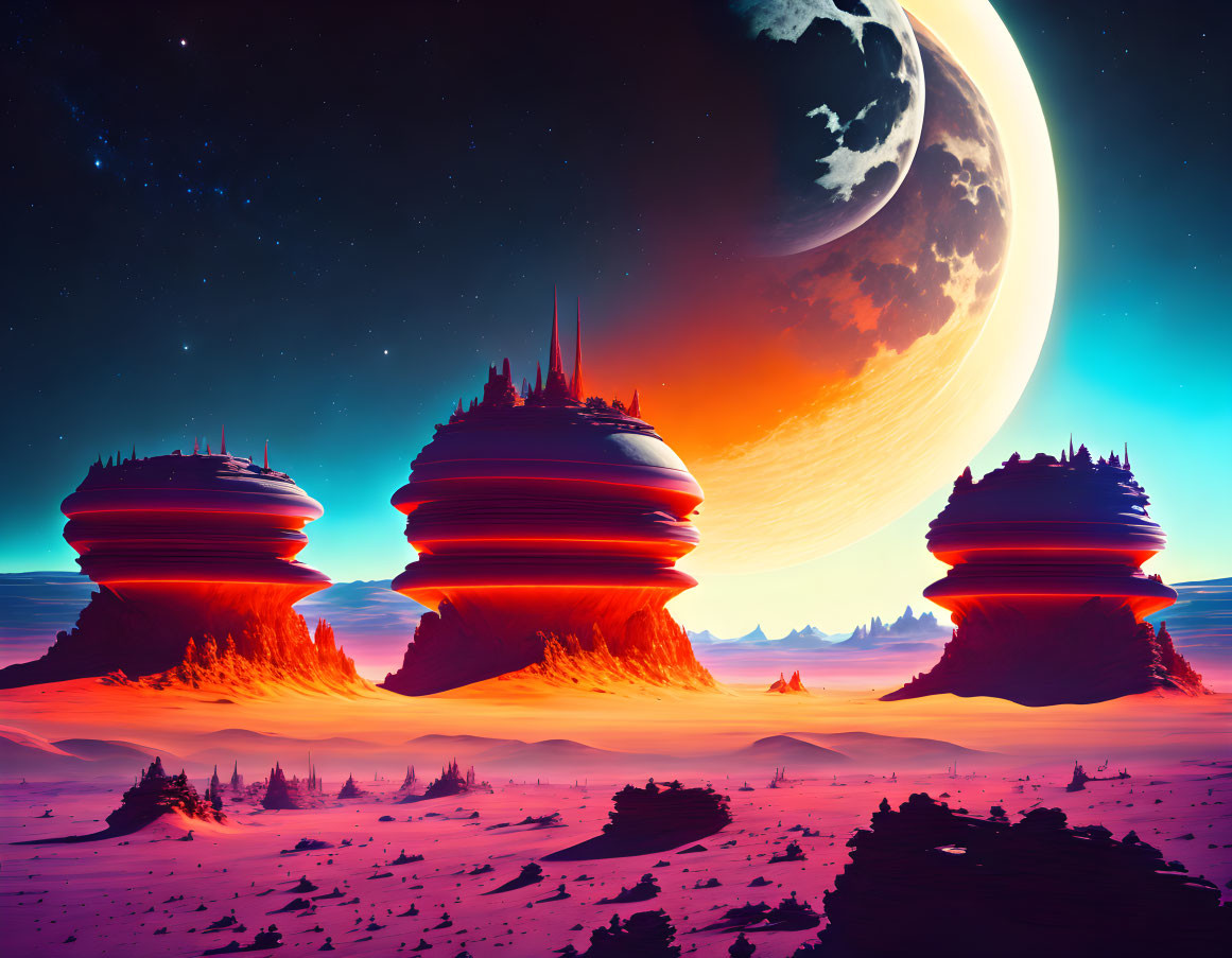 Sci-fi landscape with layered rock formations under starry sky