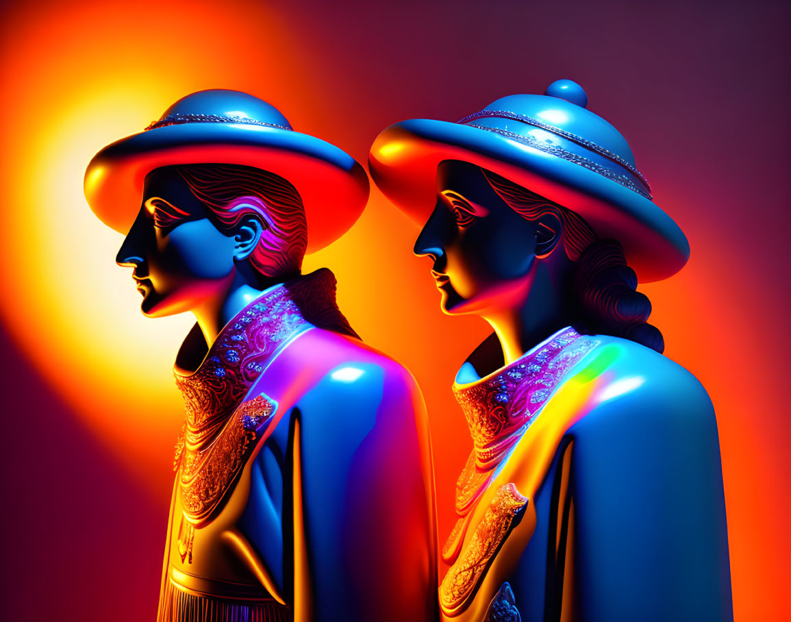 Colorful profile portraits with distinct outlines and vibrant lighting.