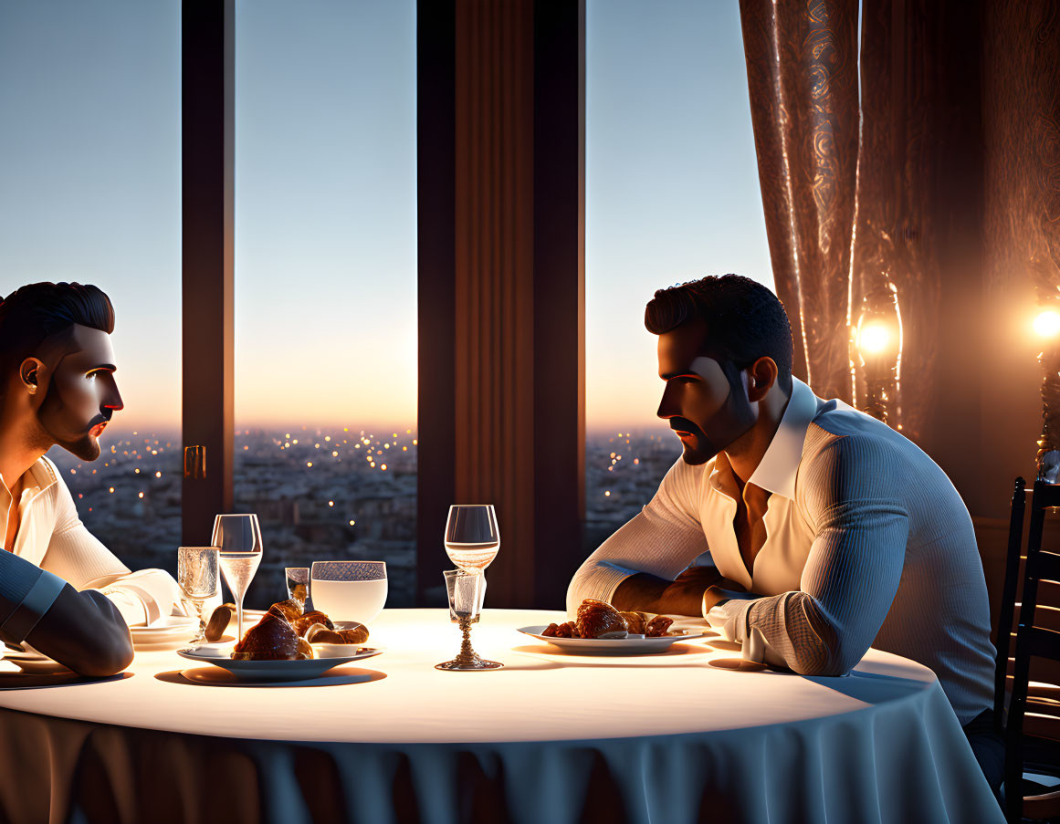 Animated characters dining at table with city skyline at twilight