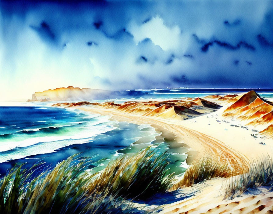 Colorful Watercolor Painting of Seaside Landscape