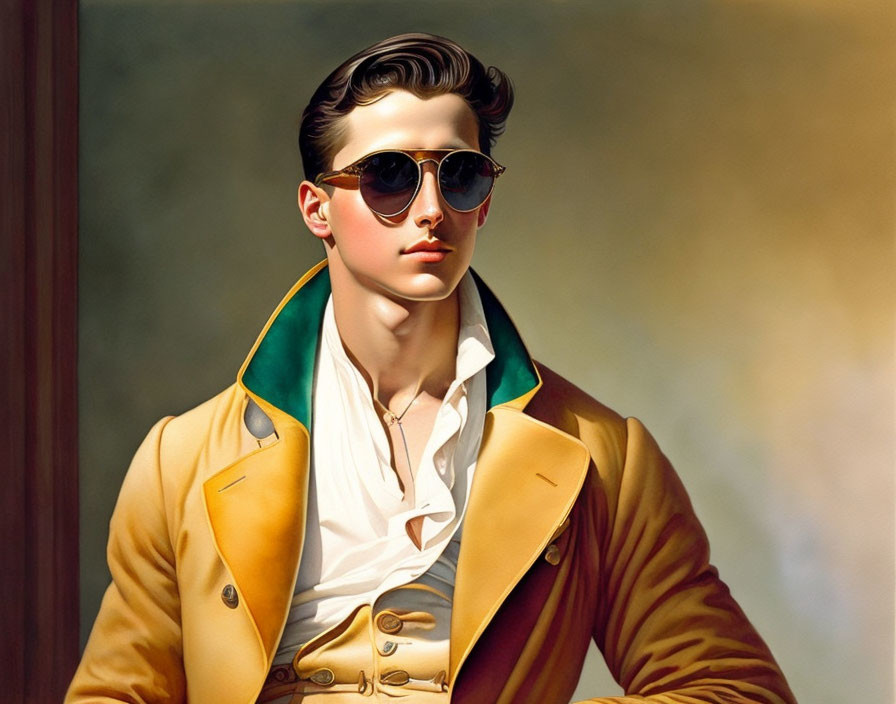 Stylized portrait of a person with slicked-back hair and sunglasses