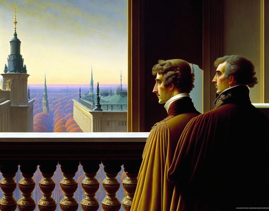 Men in historical attire by balcony overlooking cityscape at sunrise/sunset