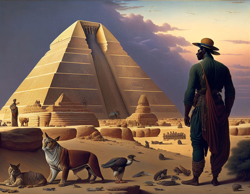 Man in period attire gazes at Great Pyramid with animals and smaller pyramids at dusk