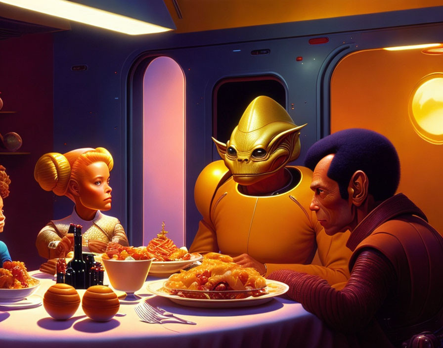 Vibrant futuristic dining scene with humanoid and alien characters in a spacecraft