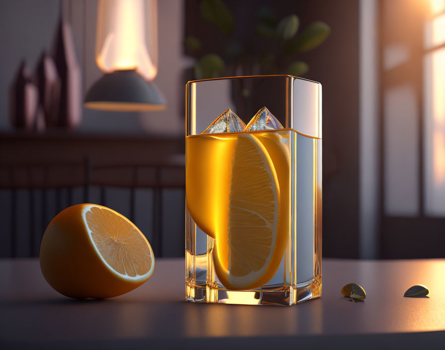 Golden liquid in glass with lemon slice and ice, alongside halved lemon on table under warm light