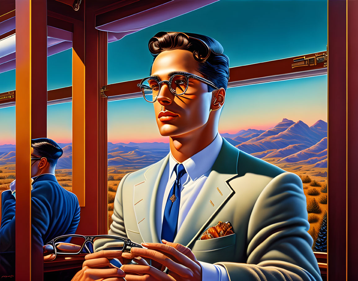 Stylized illustration of a man in blue suit on a train admiring mountain view