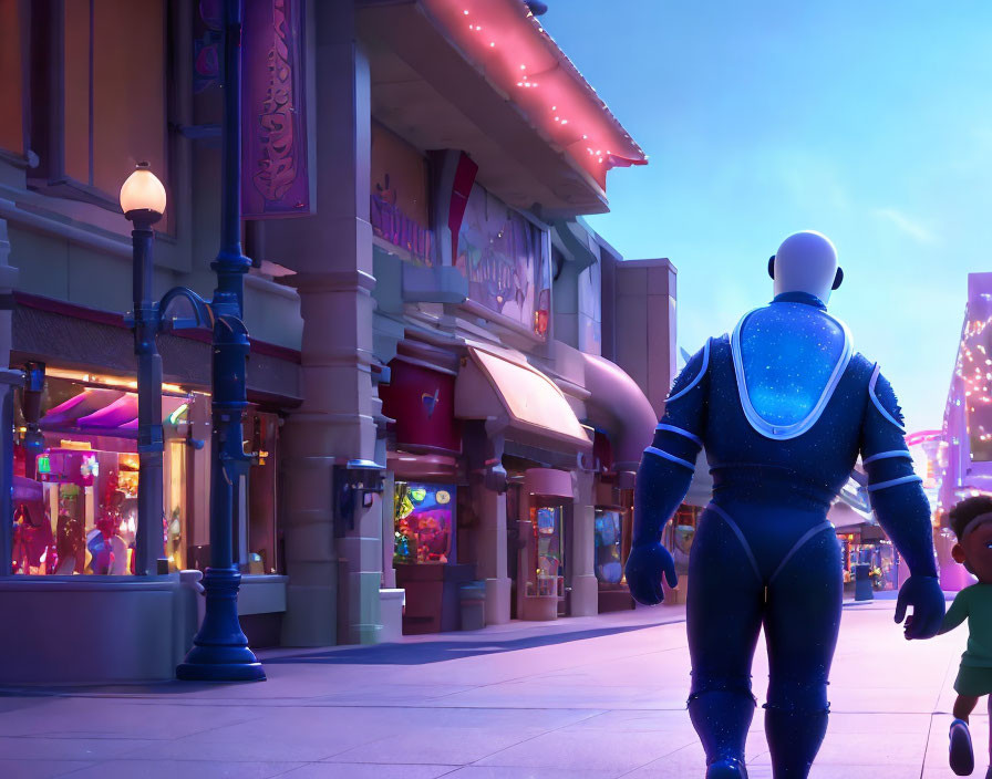 Robot and child stroll city street at dusk with vibrant storefronts and string lights