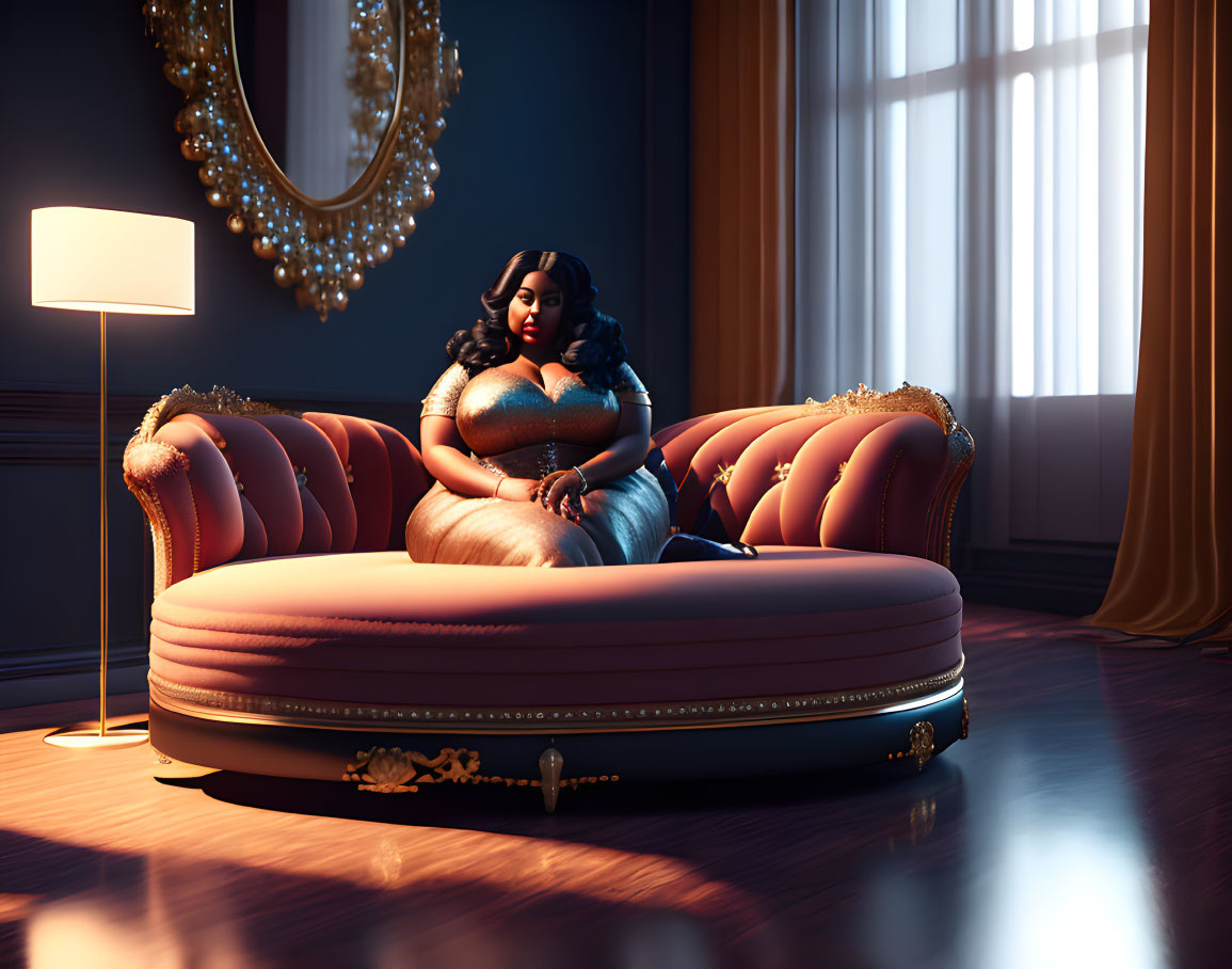 Elegantly dressed woman on luxurious sofa in dimly lit room