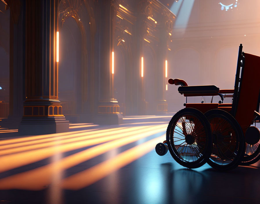 Empty wheelchair in grand hall with tall columns and golden light