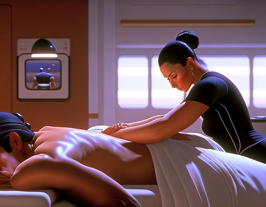 Tranquil spa scene with masseuse and client in dimly lit room