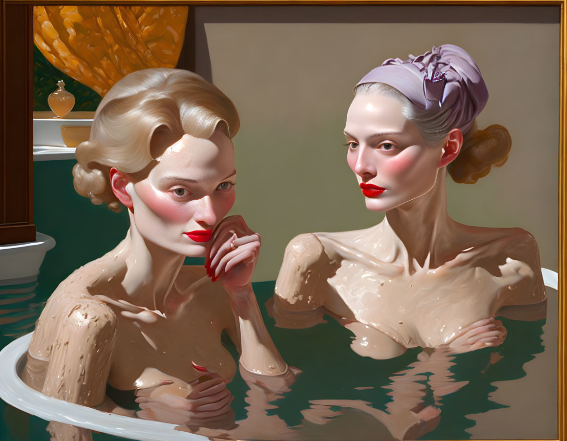 Two women with retro hairstyles in water and elegant decor.