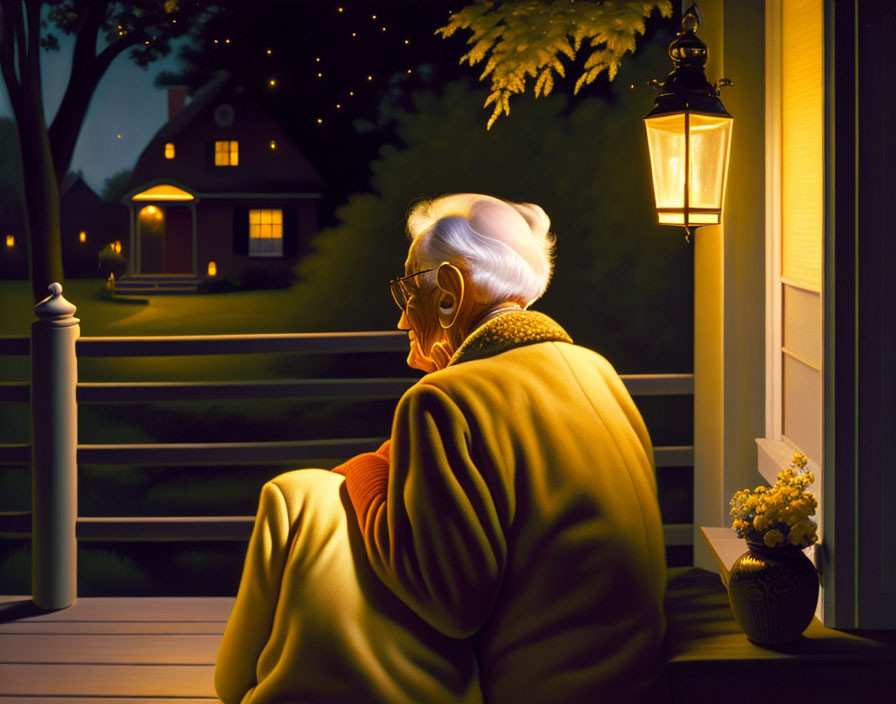 Elderly person on porch at night wrapped in blanket gazing at house under starry sky