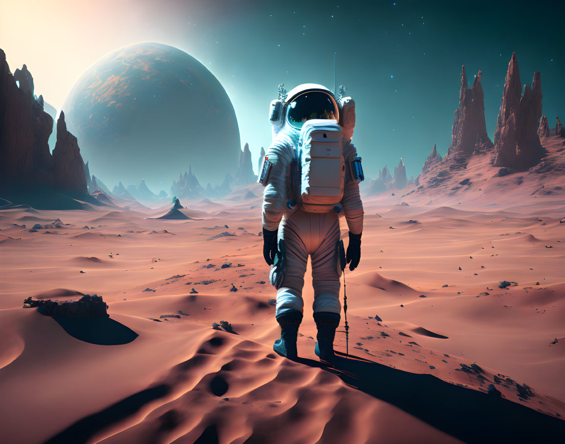 Astronaut exploring rocky alien landscape under large moon