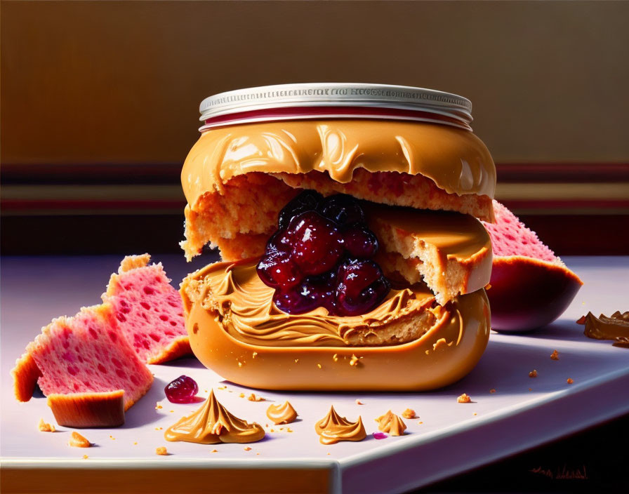 Hyper-realistic Painting: Open Peanut Butter Jar with Jelly Sandwich and Crumbs