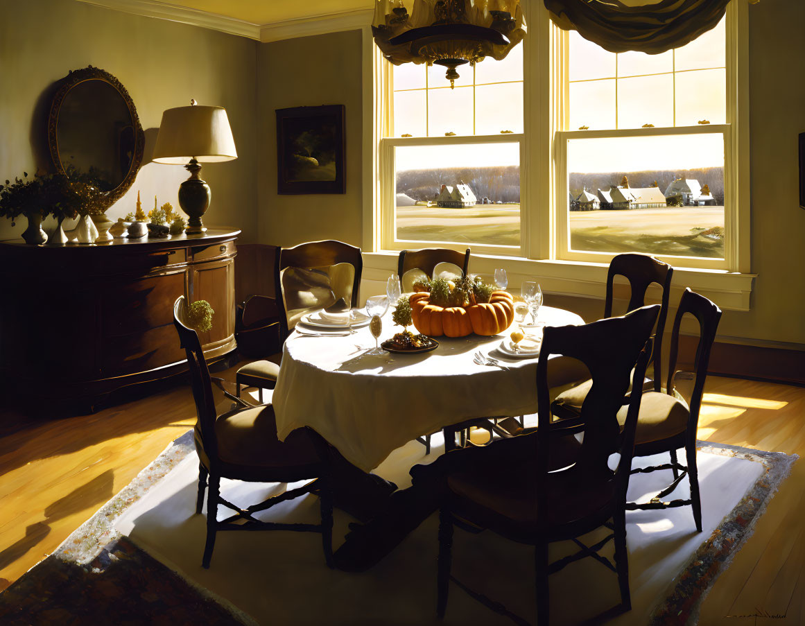 Bright dining room with pumpkin centerpiece and classic furniture