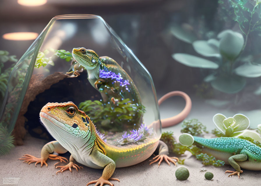 Colorful lizards near glass terrarium with plants in tranquil setting