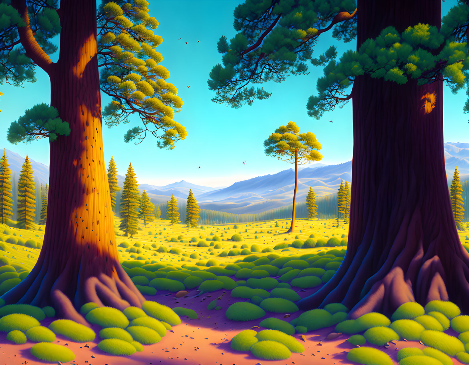 Vibrant animated forest scene with large trees, lush ground cover, and rolling hills under clear sky