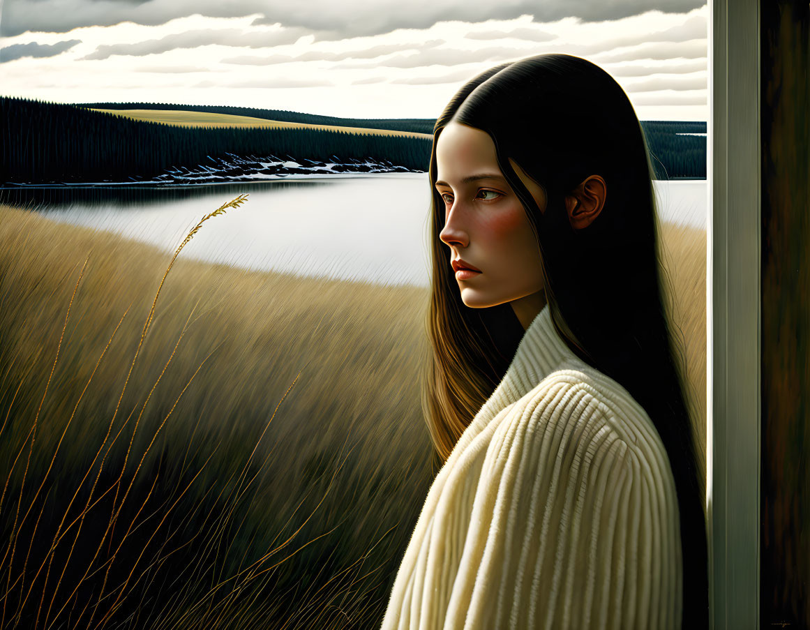 Dark-haired woman in white sweater looking out window at serene lake landscape