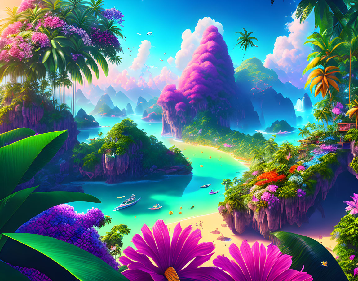 Tropical Paradise with Lush Flora, Cliffs, Beach, and Boats