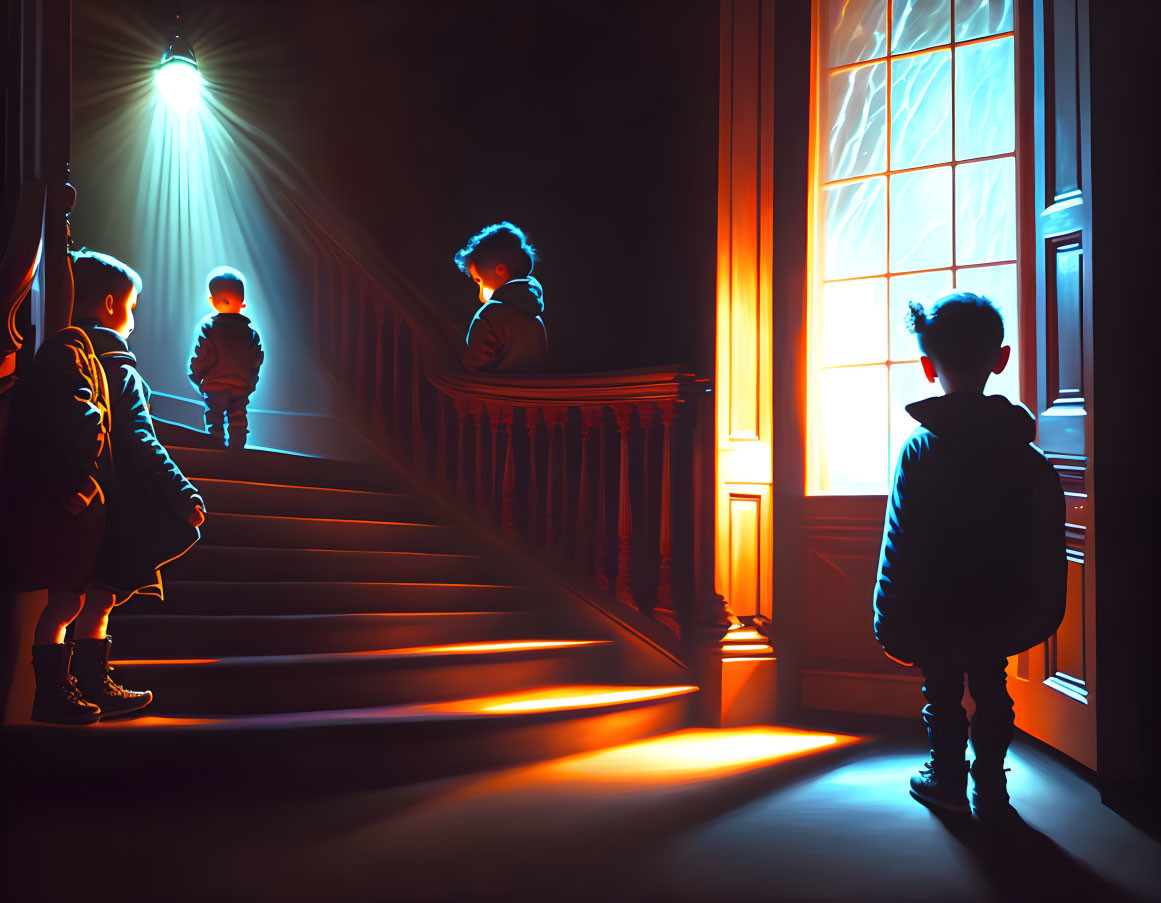 Children stand at glowing doorway at night, one bathed in light.