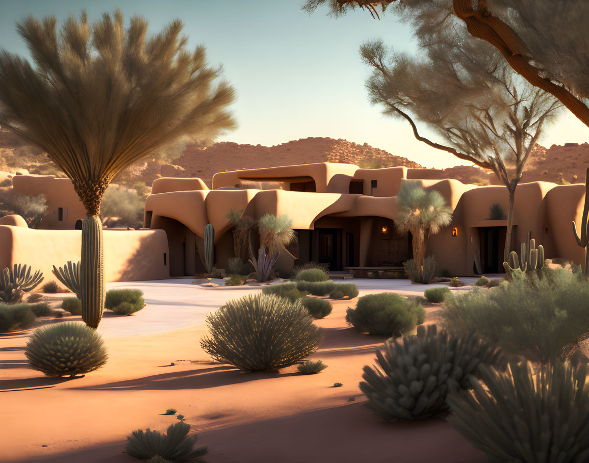 Desert sunset scene with adobe house, cacti, agaves, and yucca