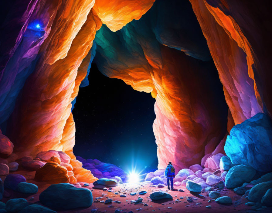 Person standing at colorful cave entrance with bright light source and starry night sky.