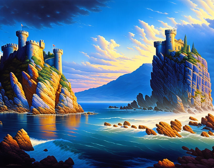 Fantastical castle on cliff by luminous sea at sunset