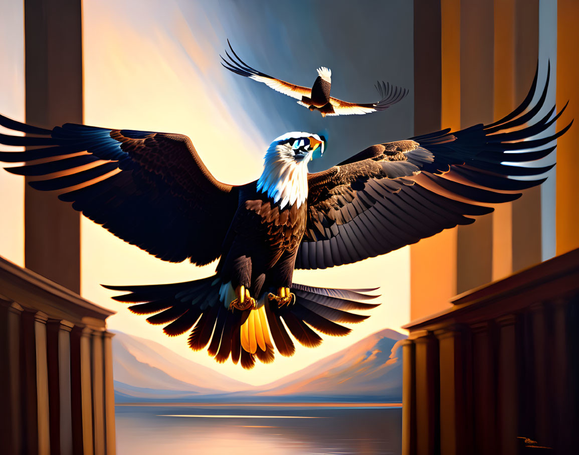 Majestic eagles soaring against sunlit columns & mountains