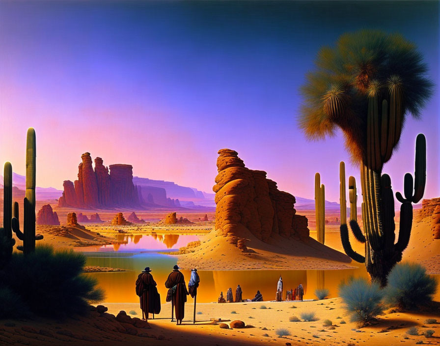 Desert landscape with cacti, rock formations, water body, twilight sky, silhouettes