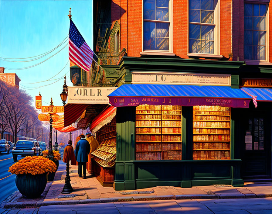 Iconic American street scene with flag, pedestrians, bookstore, and vintage lamps.