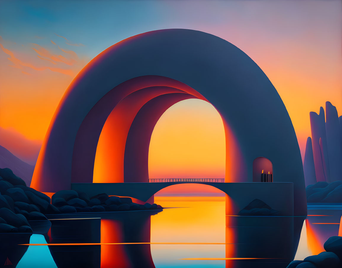 Surreal landscape with arch, bridge, and vibrant sunset