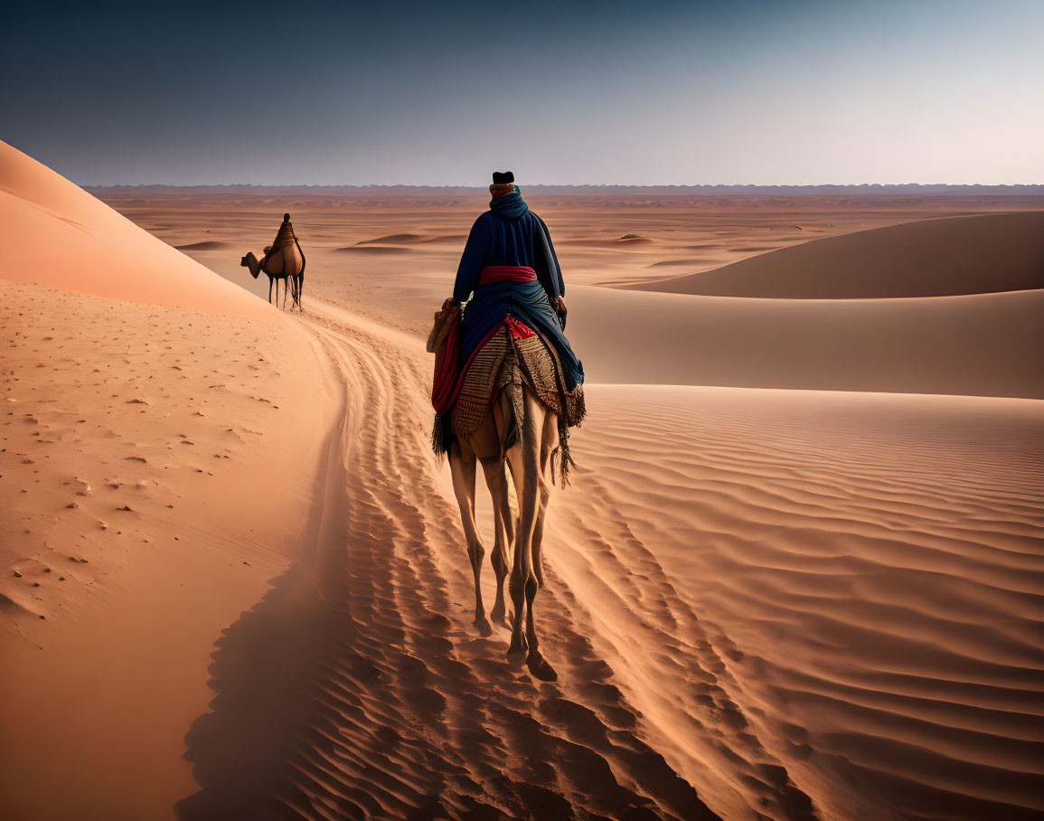 Person in traditional attire riding camel across desert dunes with another camel following